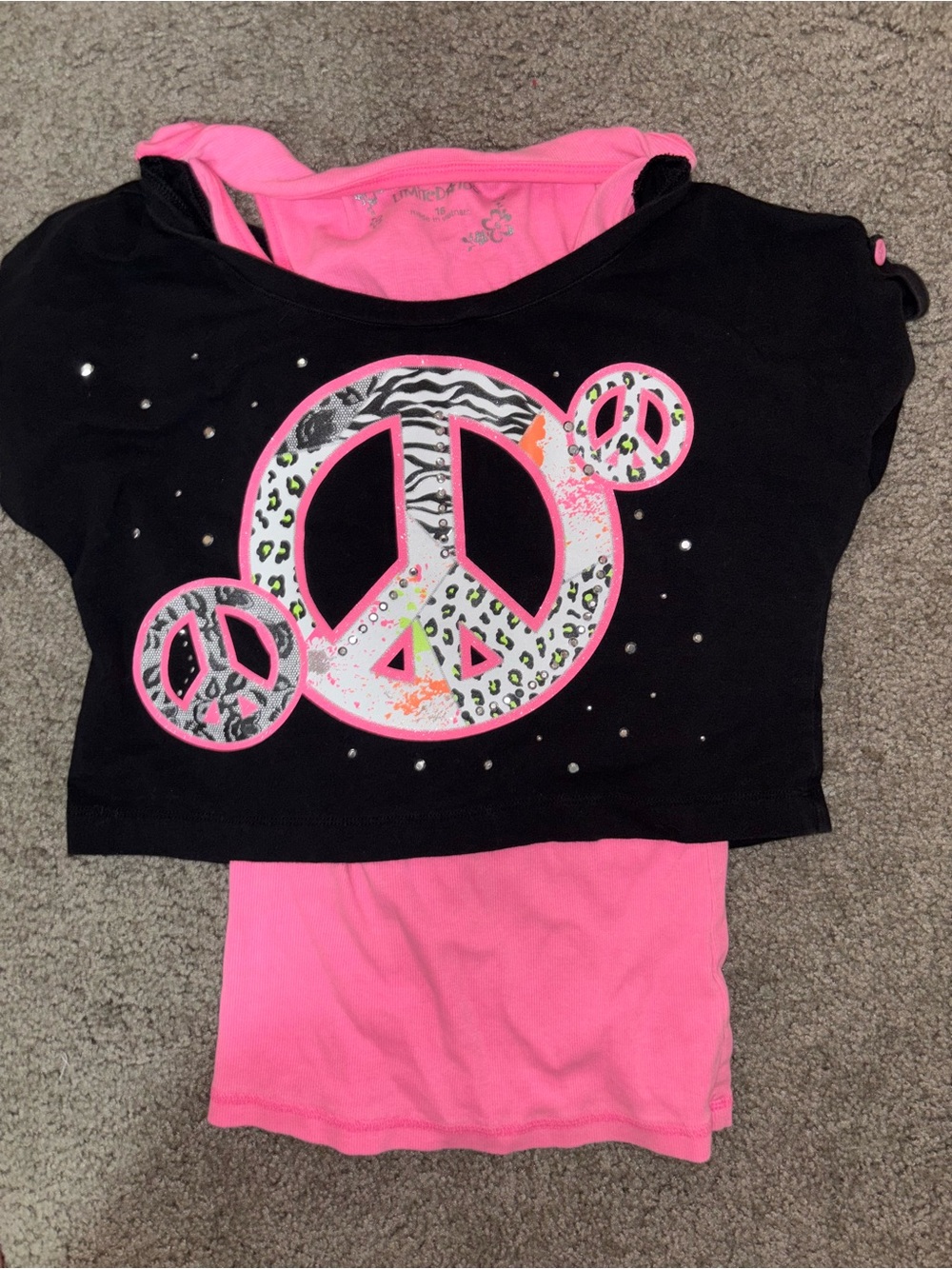 Vintage Y2k Justice Limited Too Black Top with Hot Pink Layer and Peace Sign